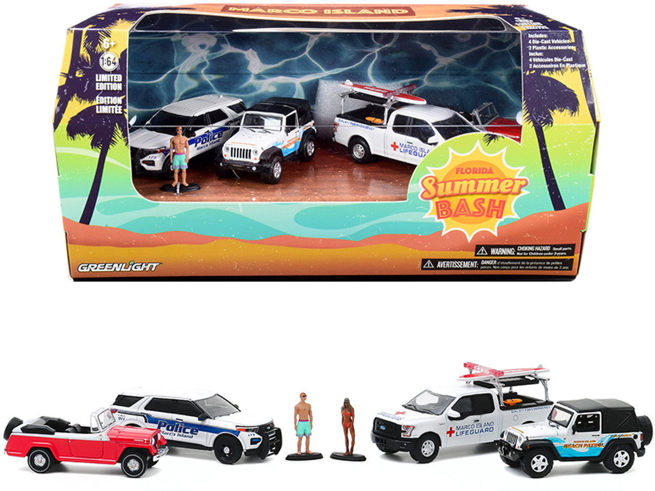 Marco Island "Florida Summer Bash" 6 piece Diorama Set (4 Cars and 2 Figurines) 1/64 Diecast Model Cars by Greenlight