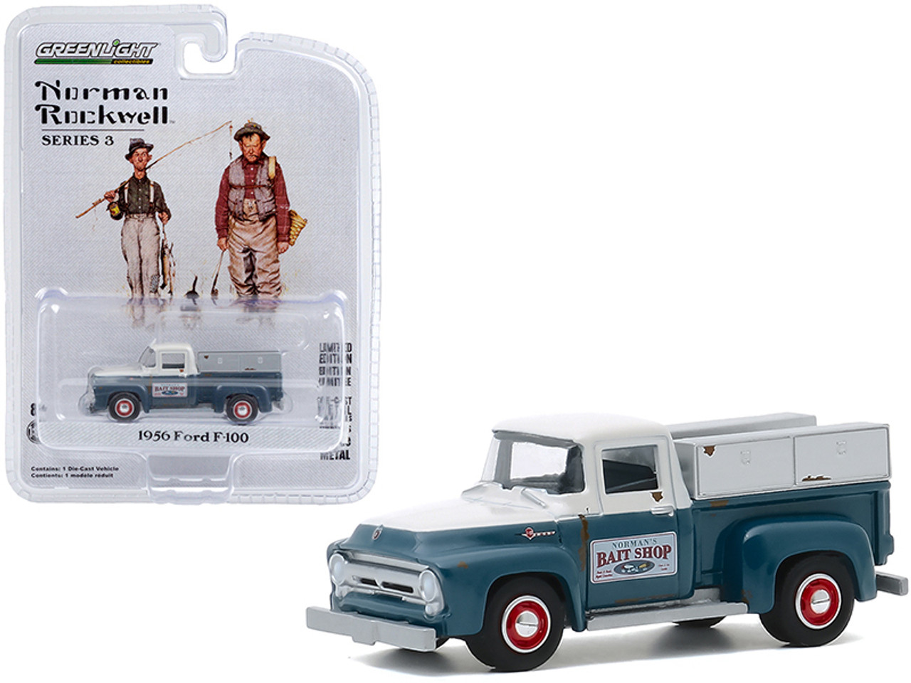 1956 Ford F-100 Pickup Truck Norman's Bait Shop White and Blue Norman  Rockwell Series 3 1/64 Diecast Model Car by Greenlight