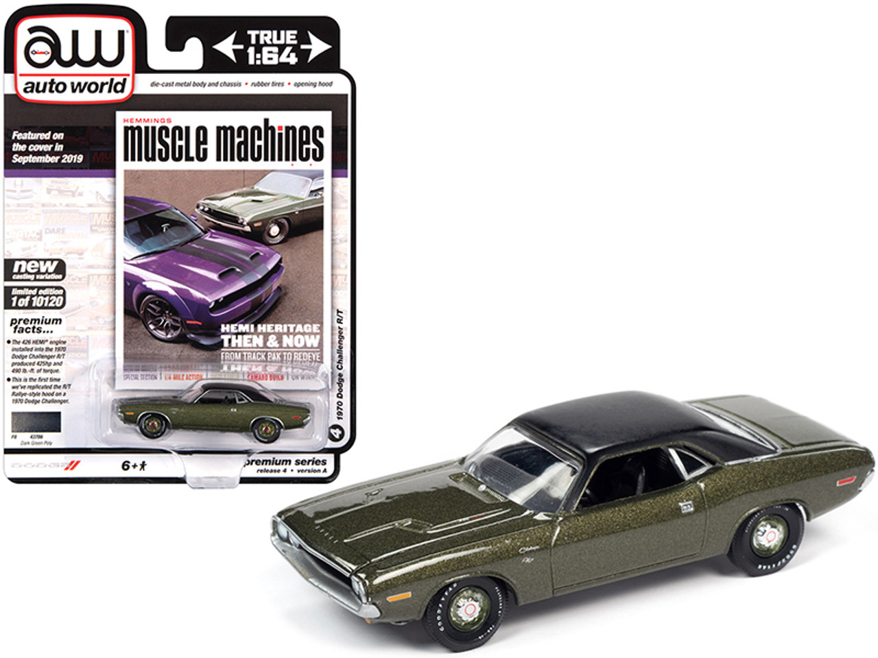1970 Dodge Challenger R/T Dark Green Metallic with Flat Black Vinyl Top "Hemmings Muscle Machines" Magazine Cover Car (September 2019) Limited Edition to 10120 pieces Worldwide 1/64 Diecast Model Car by Autoworld