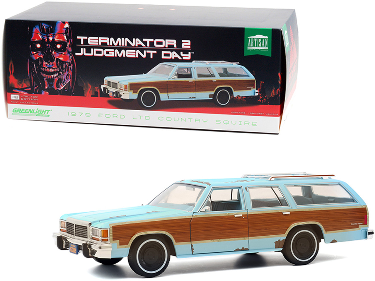 1979 Ford LTD Country Squire Light Blue with Wood Grain Paneling (Weathered) "Terminator 2: Judgment Day" (1991) Movie 1/18 Diecast Model Car by Greenlight