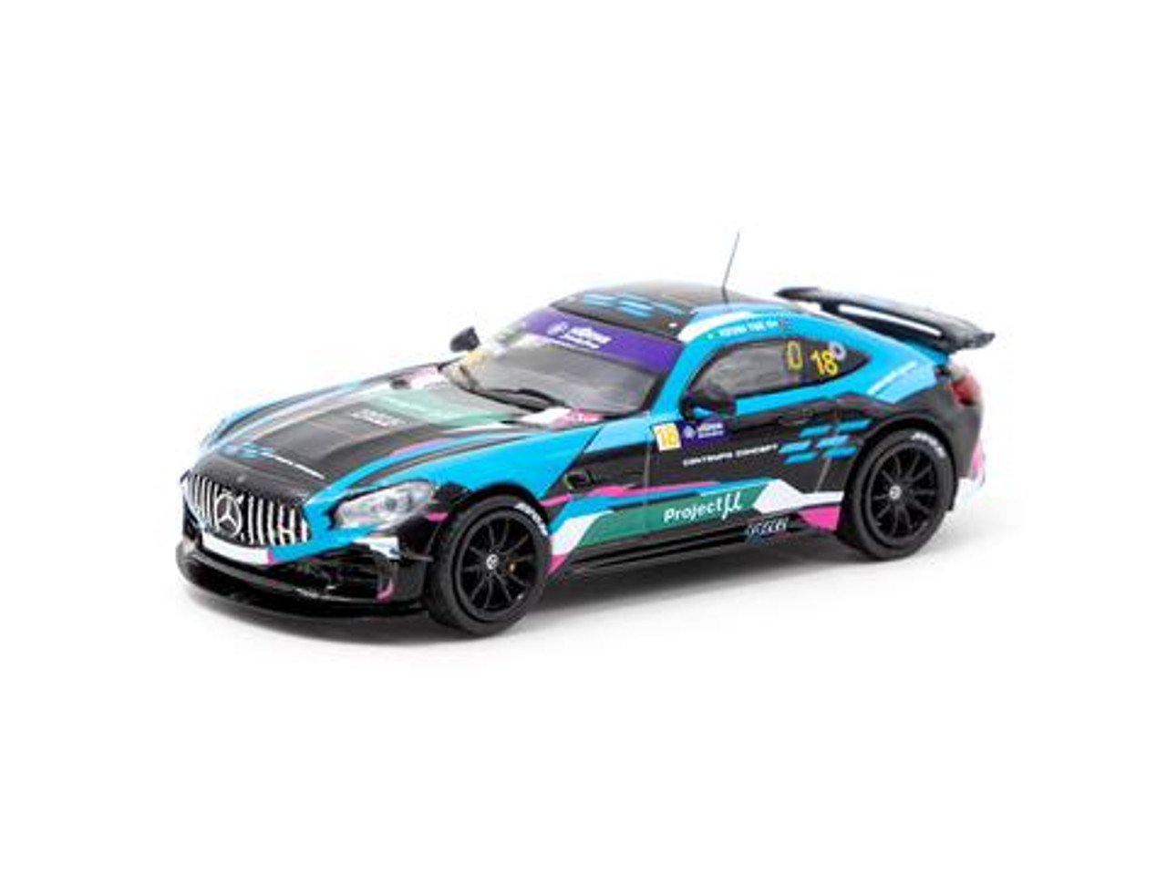 Tarmac Works 1:64 Hobby64 - Mercedes-AMG GT4 - Greater Bay Area GT Cup Macau 2019 Winner - Kevin Tse #18 (Black/Blue) Diecast Car Model (Limited to 1248 pieces)