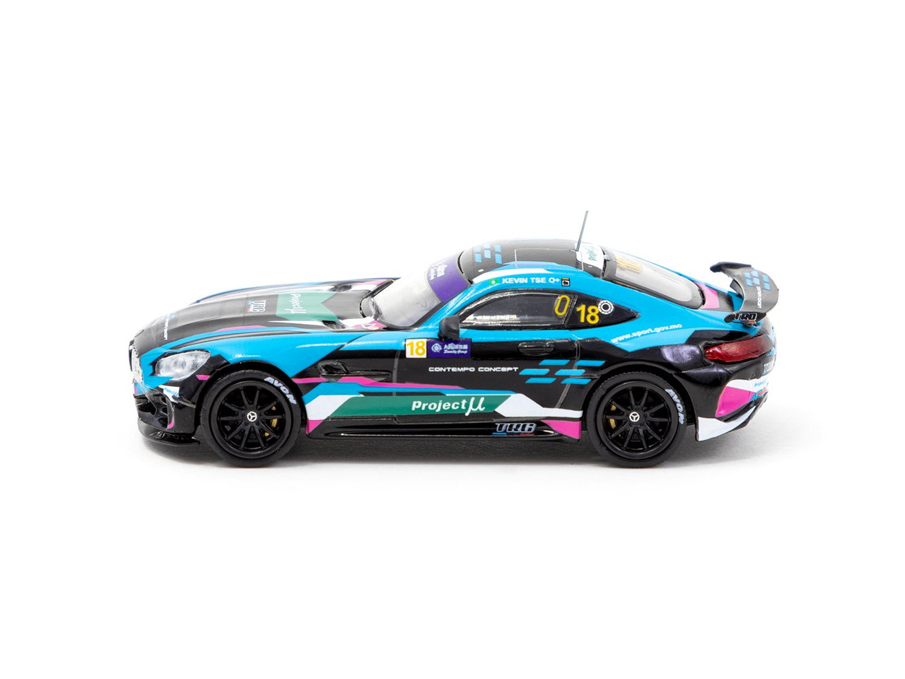 Tarmac Works 1:64 Hobby64 - Mercedes-AMG GT4 - Greater Bay Area GT Cup Macau 2019 Winner - Kevin Tse #18 (Black/Blue) Diecast Car Model (Limited to 1248 pieces)