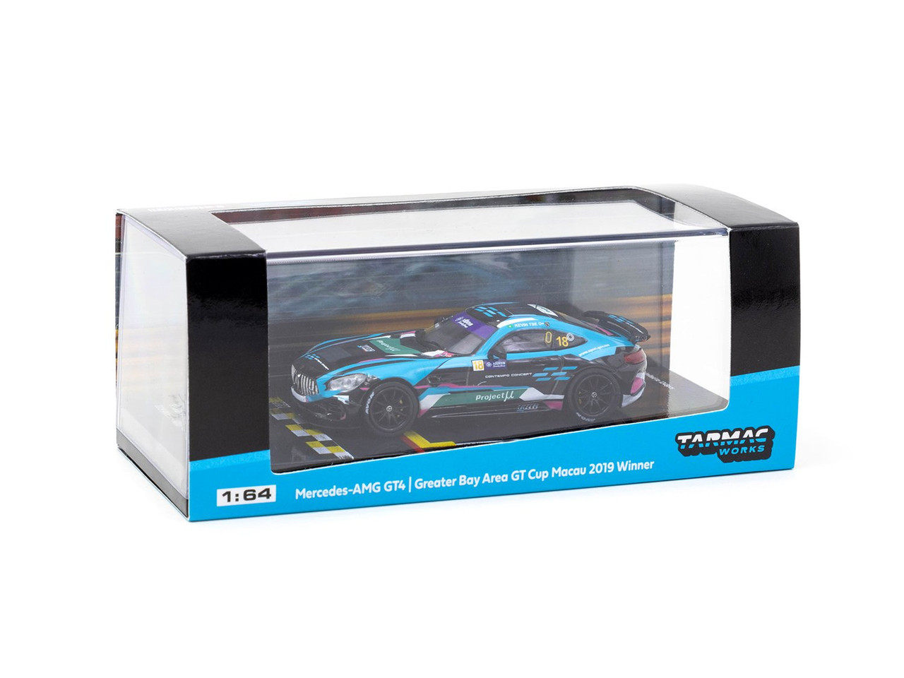 Tarmac Works 1:64 Hobby64 - Mercedes-AMG GT4 - Greater Bay Area GT Cup Macau 2019 Winner - Kevin Tse #18 (Black/Blue) Diecast Car Model (Limited to 1248 pieces)