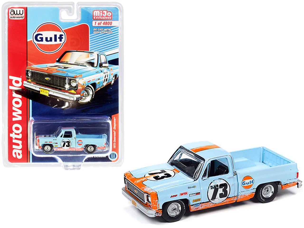 1973 Chevrolet Cheyenne Pickup Truck #73 "Gulf Oil" Light Blue and Orange (Weathered) Limited Edition to 4800 pieces Worldwide 1/64 Diecast Model Car by Autoworld