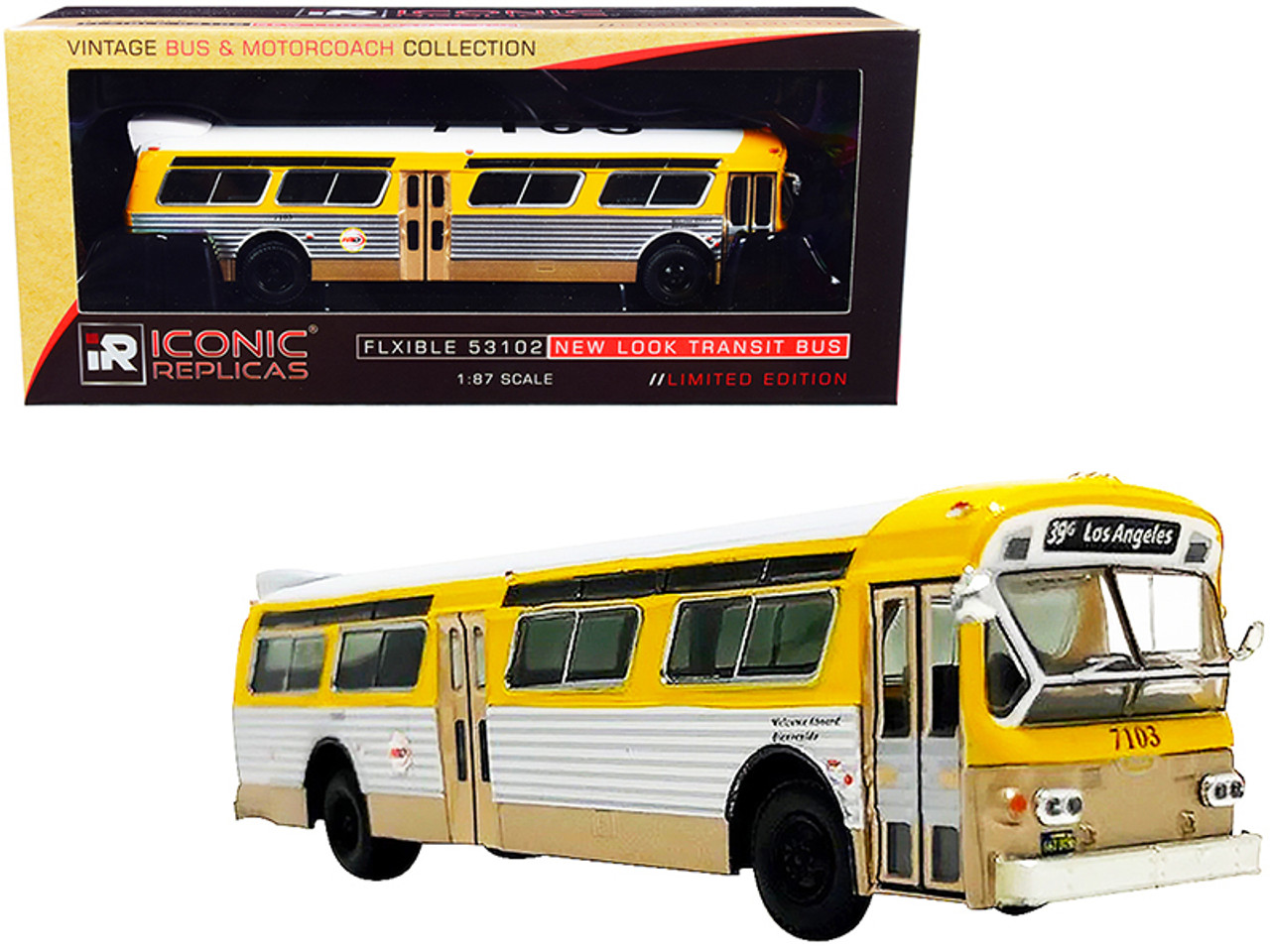 Flxible 53102 Transit Bus "RTA" (Los Angeles California) Yellow and Silver with White Top "Vintage Bus & Motorcoach Collection" 1/87 Diecast Model by Iconic Replicas