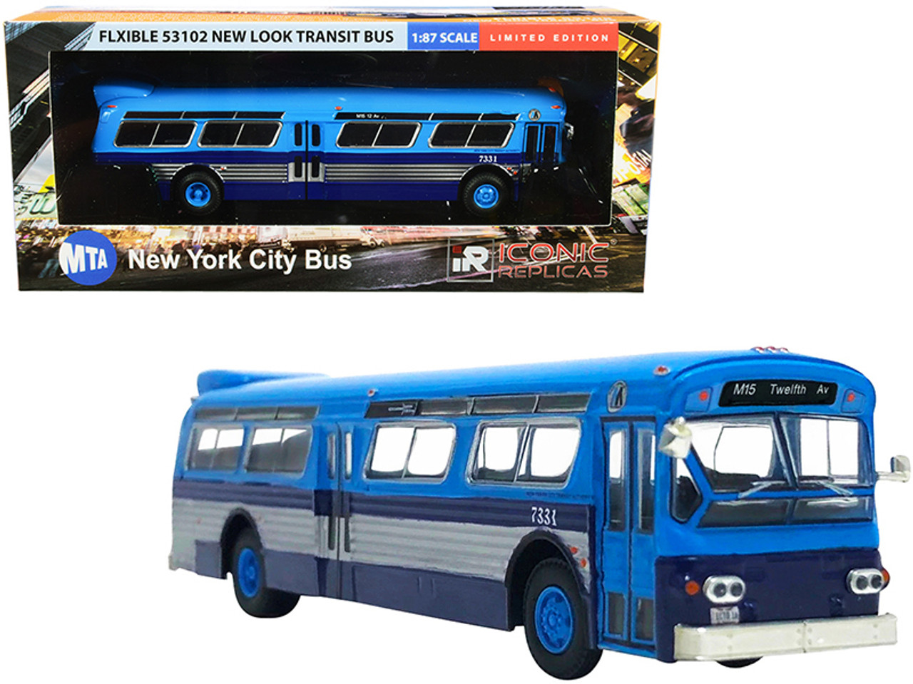 Flxible 53102 Transit Bus "Twelfth Ave." (MTA New York City) Blue and Silver 1/87 Diecast Model by Iconic Replicas