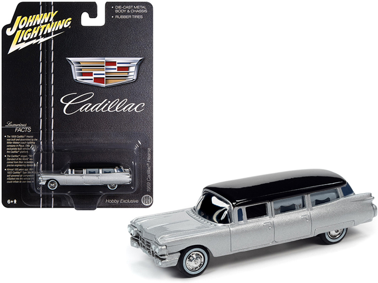 1959 Cadillac Hearse Silver with Black Top "Special Edition" 1/64 Diecast Model Car by Johnny Lightning