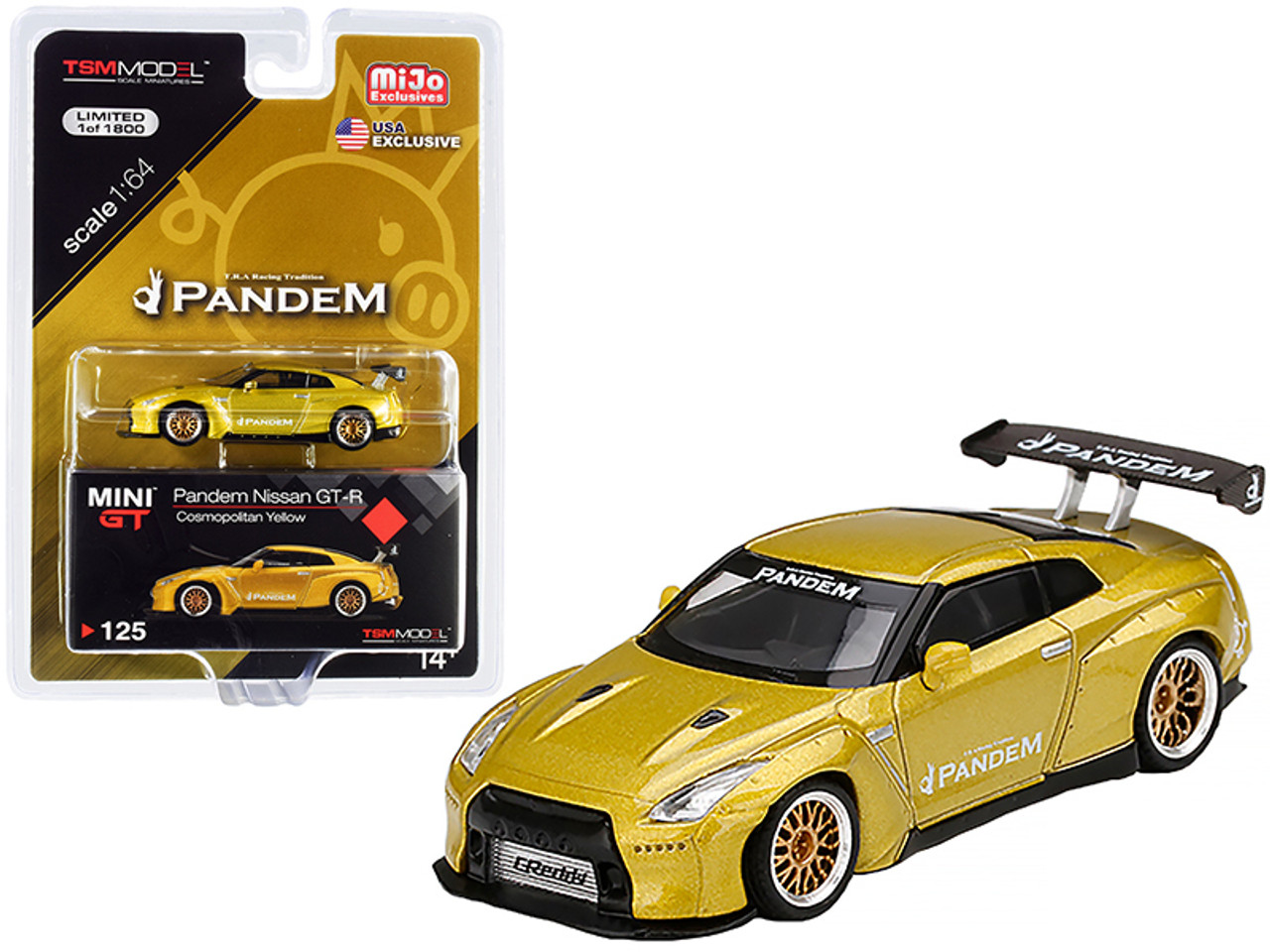 Nissan GT-R (R35) Pandem with GT Wing Cosmopolitan Yellow Metallic with  Gold Wheels Limited Edition to 1800 pieces Worldwide 1/64 Diecast Model Car  by 