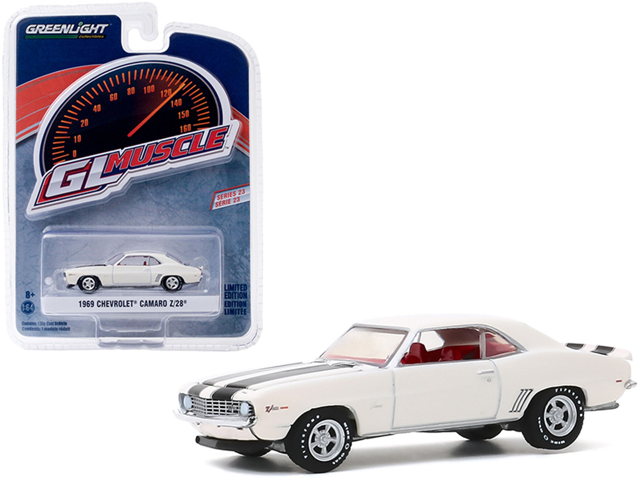 1969 Chevrolet Camaro Z/28 Dover White with Black Stripes and Red Interior "Greenlight Muscle" Series 23 1/64 Diecast Model Car by Greenlight