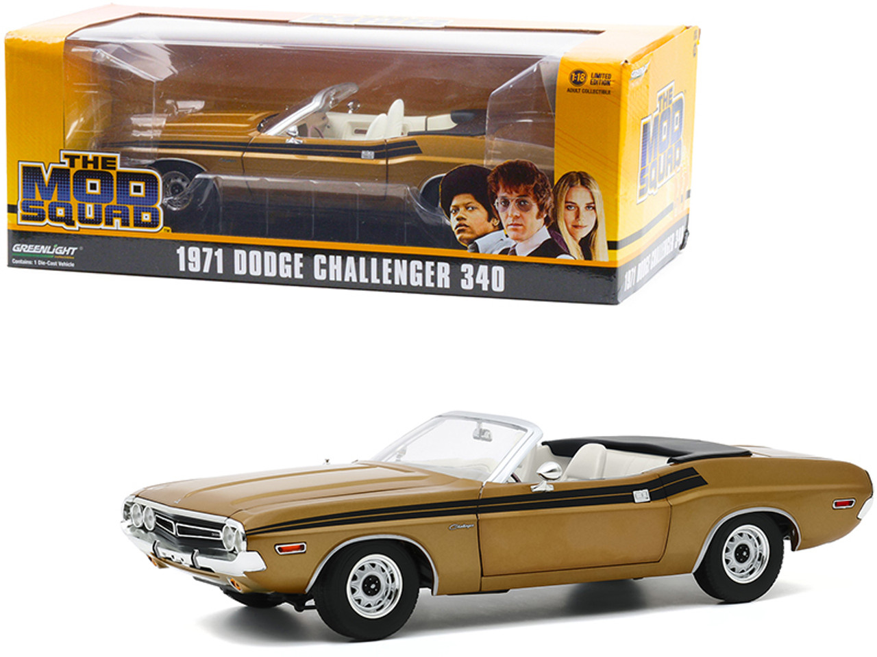 1971 Dodge Challenger 340 Convertible Gold with White Interior and Black Stripes "The Mod Squad" (1968-1973) TV Series 1/18 Diecast Model Car by Greenlight