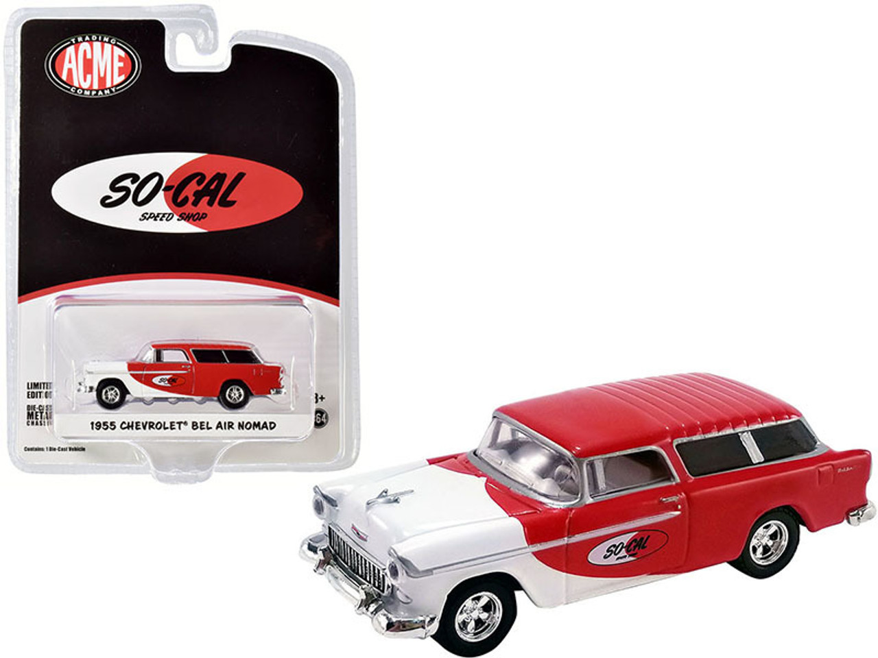 1955 Chevrolet Bel Air Nomad "So-Cal Speed Shop" Red and White "ACME Exclusive" 1/64 Diecast Model Car by Greenlight for ACME