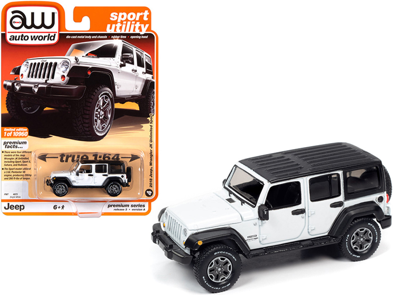 2018 Jeep Wrangler JK Unlimited Sport (4-Door) Bright White with Black Top "Sport Utility" Limited Edition to 10960 pieces Worldwide 1/64 Diecast Model Car by Autoworld