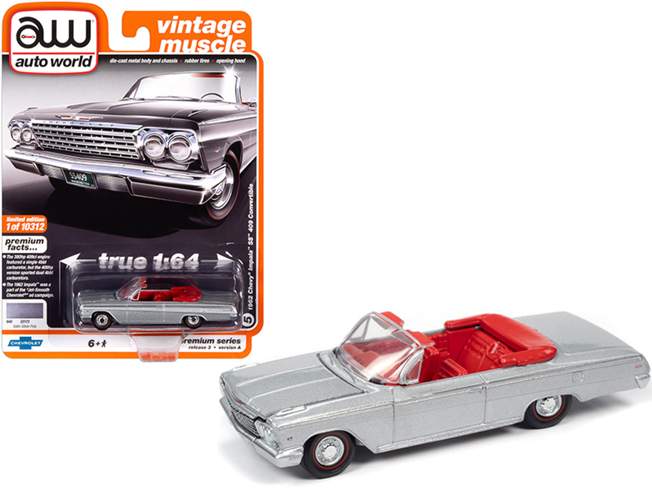1962 Chevrolet Impala SS 409 Convertible Satin Silver Metallic with Red Interior "Vintage Muscle" Limited Edition to 10312 pieces Worldwide 1/64 Diecast Model Car by Autoworld