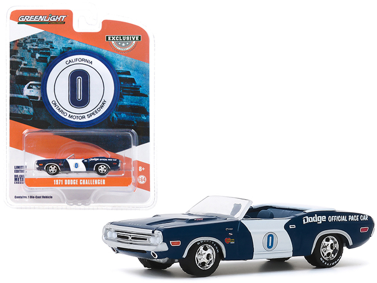 1971 Dodge Challenger Convertible Official Pace Car #0 Blue and White "Ontario Motor Speedway" (California) "Hobby Exclusive" 1/64 Diecast Model Car by Greenlight
