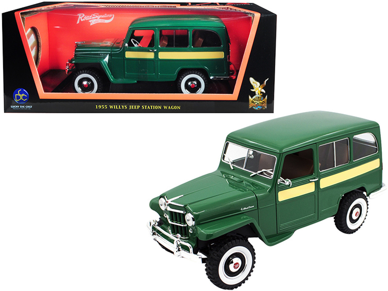 1955 Willys Jeep Station Wagon Green with Yellow Stripes 1/18