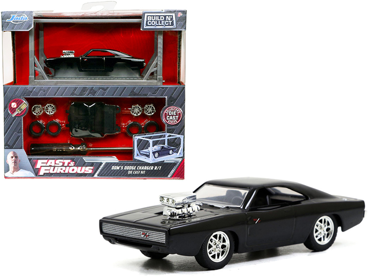 Model Kit Dom's Dodge Charger R/T Black "Fast & Furious" Movie "Build N' Collect" 1/55 Diecast Model Car by Jada