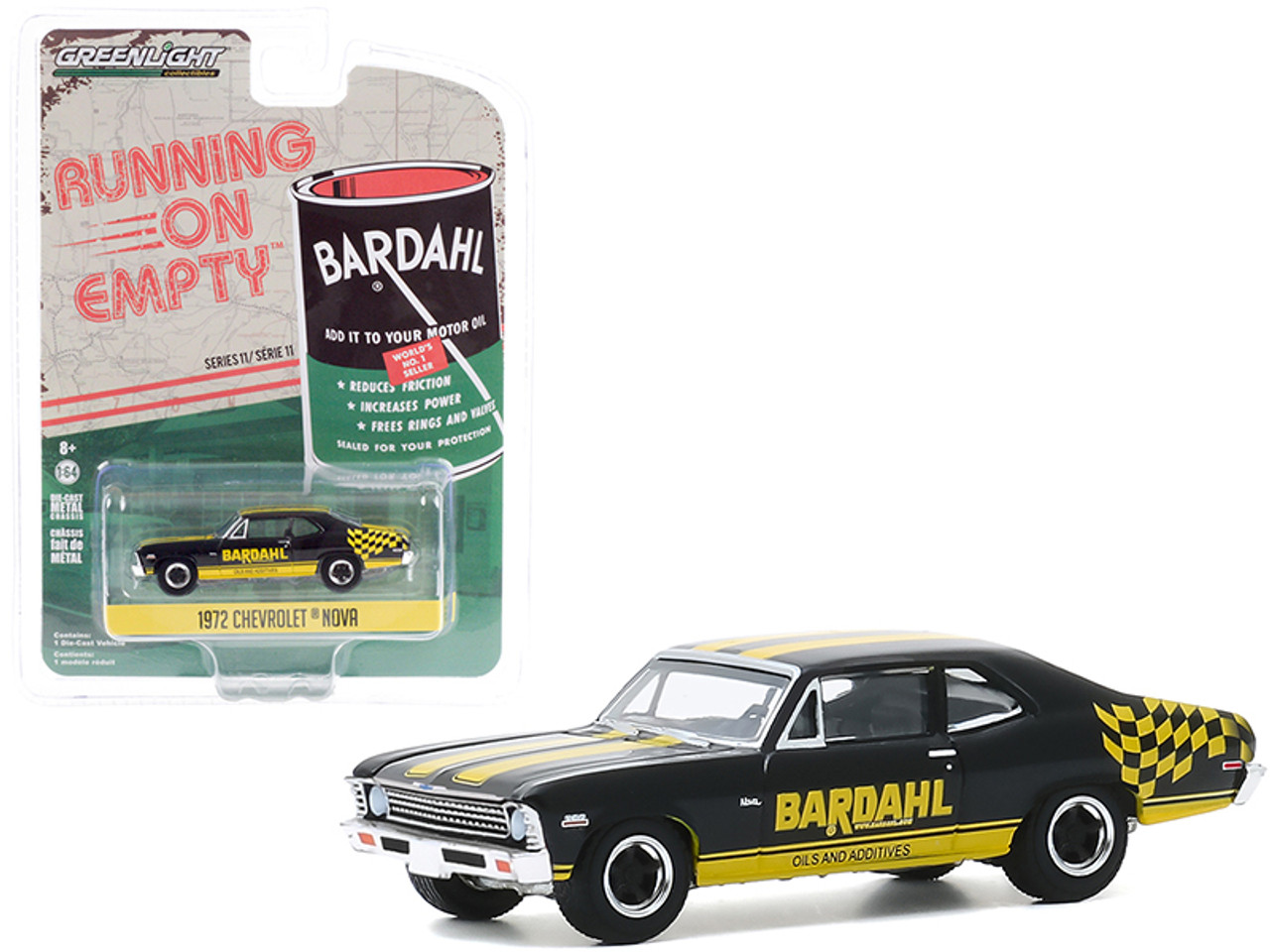 1972 Chevrolet Nova Black and Yellow "Bardahl" "Running on Empty" Series 11 1/64 Diecast Model Car by Greenlight