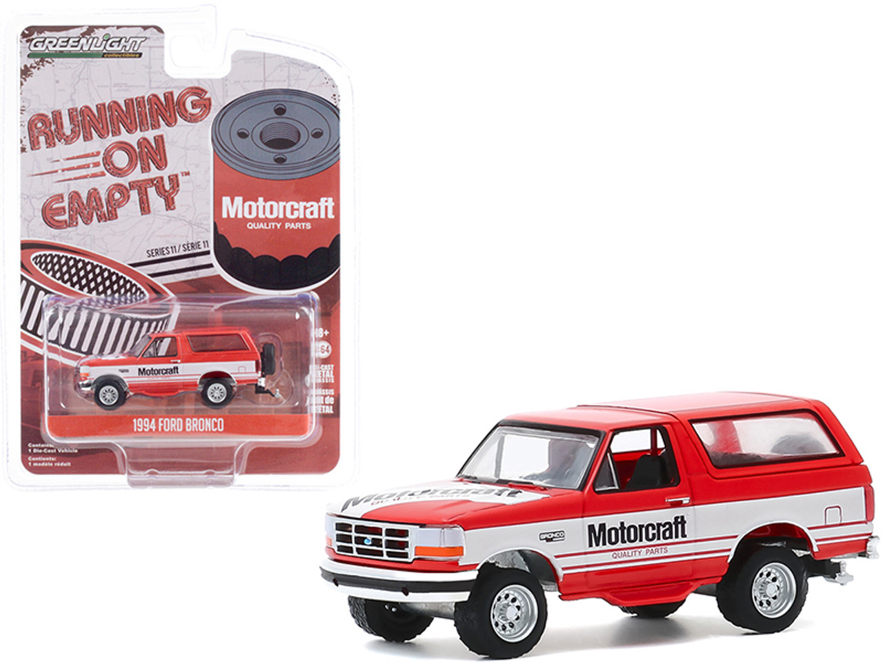 1994 Ford Bronco Red with White Stripes "Motorcraft" "Running on Empty" Series 11 1/64 Diecast Model Car by Greenlight