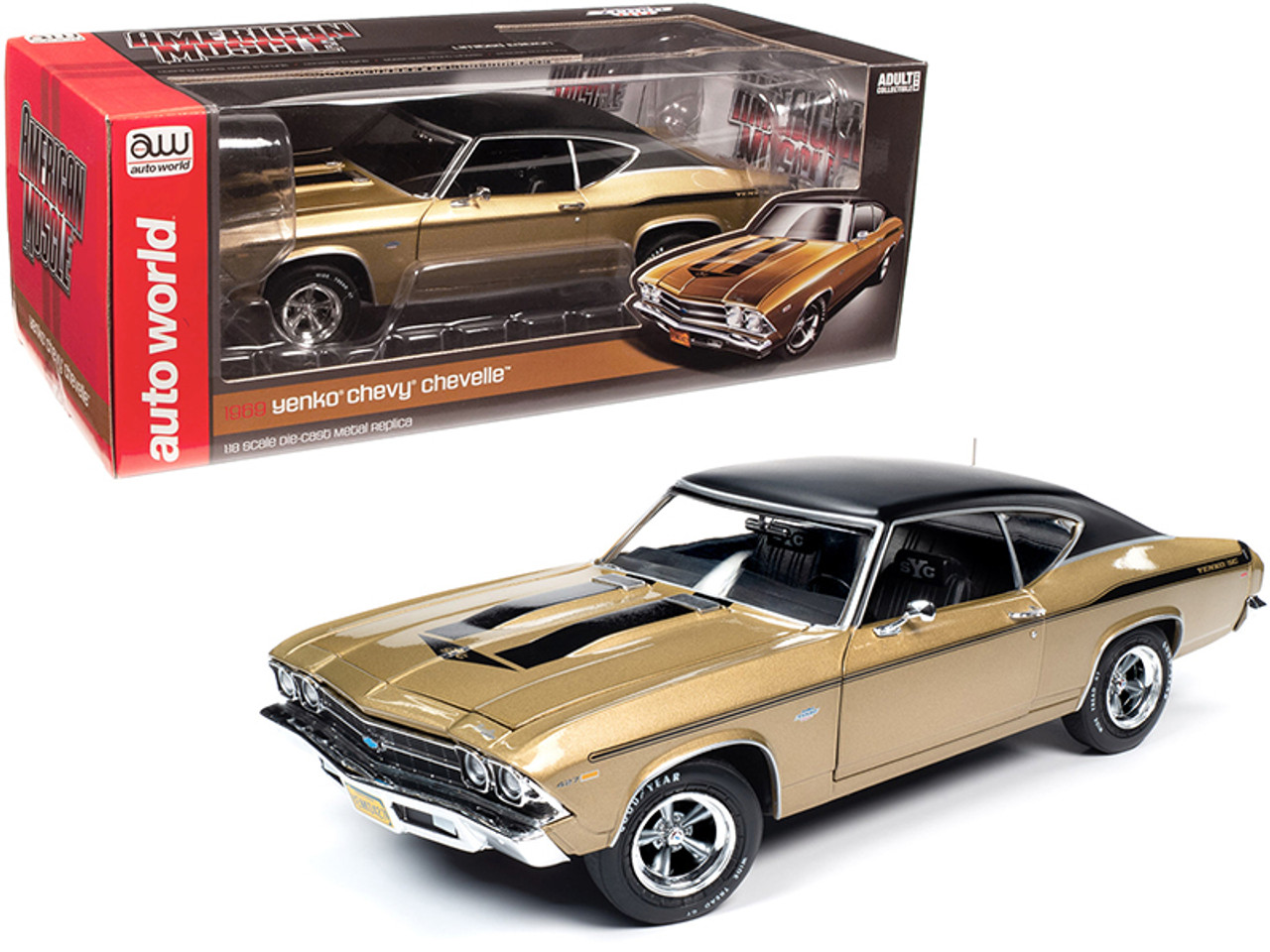 1969 Chevrolet Chevelle Yenko Hardtop Olympic Gold Metallic with Black Top and Black Stripes 1/18 Diecast Model Car by Autoworld