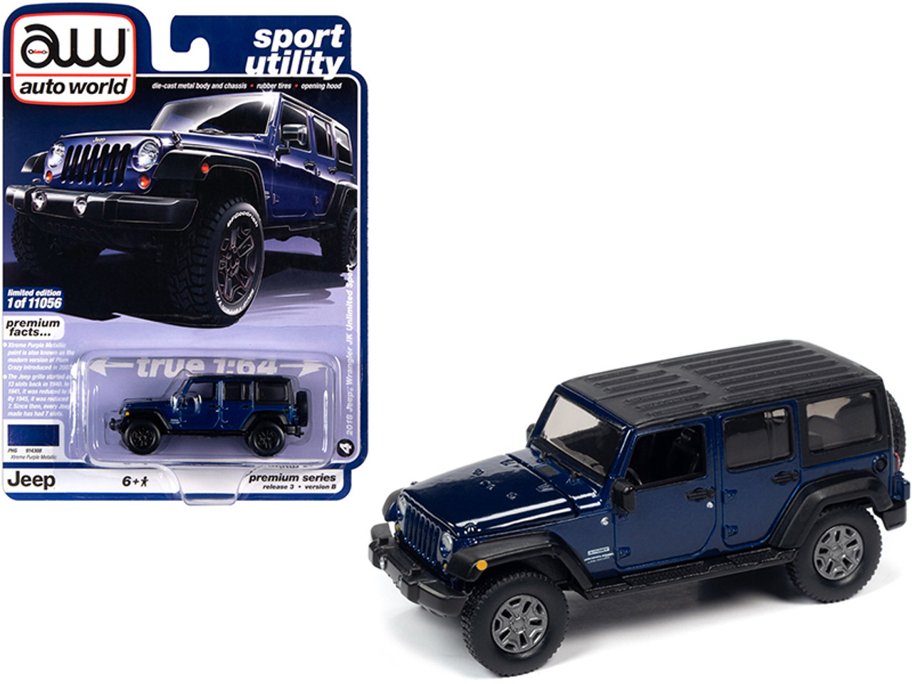 2018 Jeep Wrangler JK Unlimited Sport (4-Door) Xtreme Purple Metallic with Black Top "Sport Utility" Limited Edition to 11056 pieces Worldwide 1/64 Diecast Model Car by Autoworld