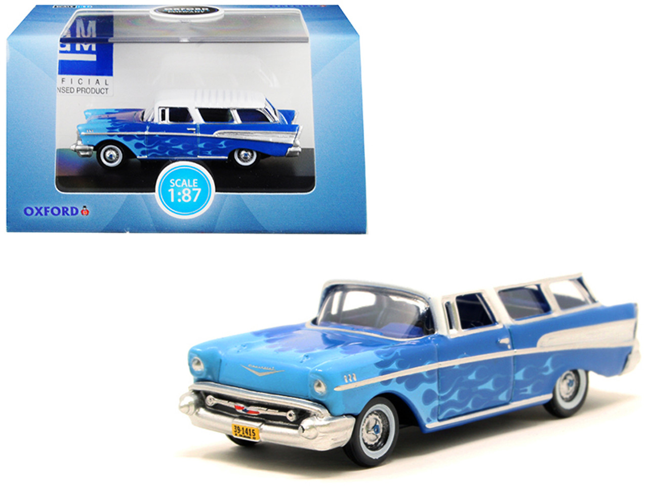 1957 Chevrolet Nomad Blue with Light Blue Flames and White Top "Hot Rod" 1/87 (HO) Scale Diecast Model Car by Oxford Diecast