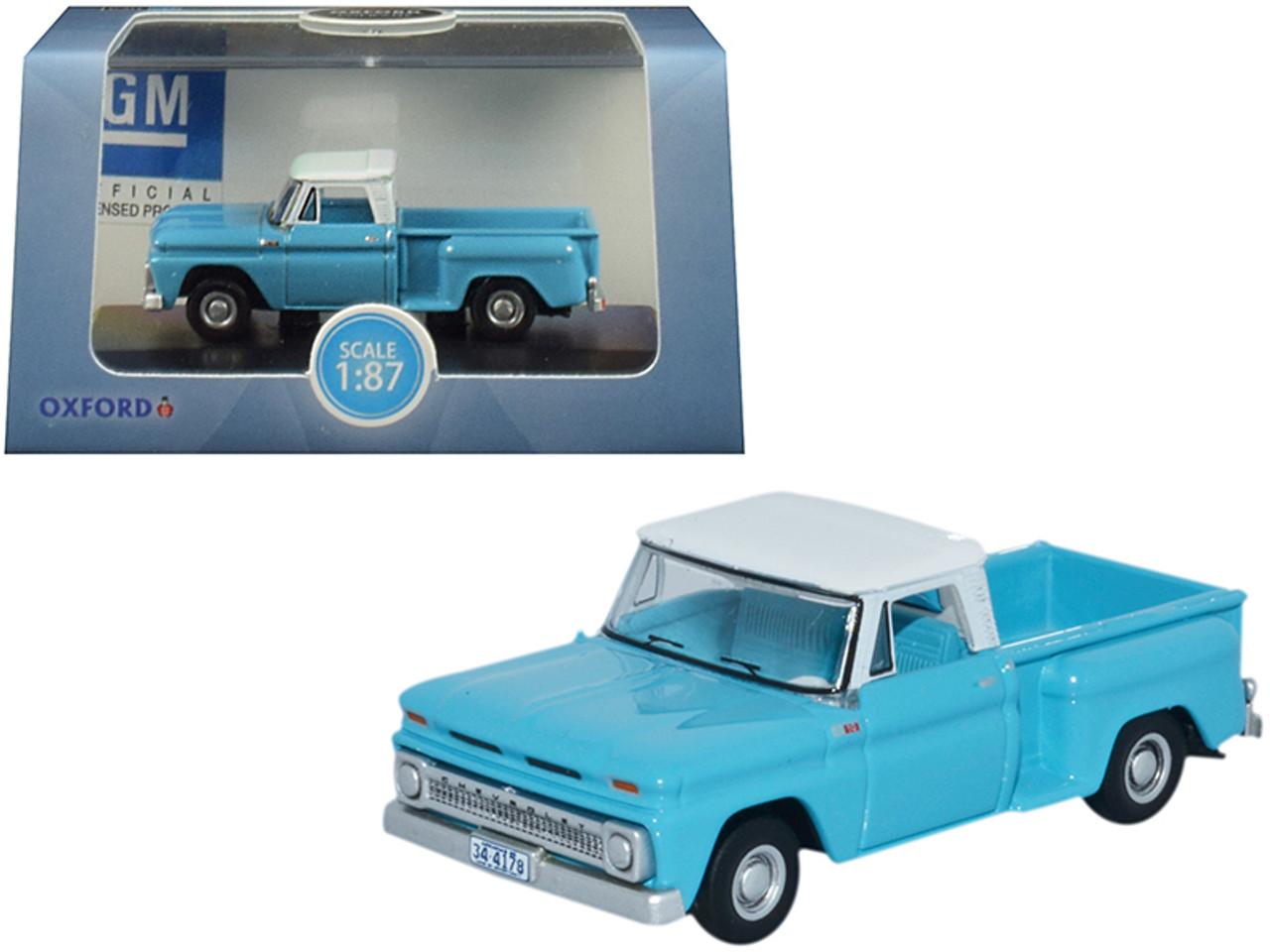 1965 Chevrolet C10 Stepside Pickup Truck Light Blue with White Top 1/87 (HO) Scale Diecast Model Car by Oxford Diecast