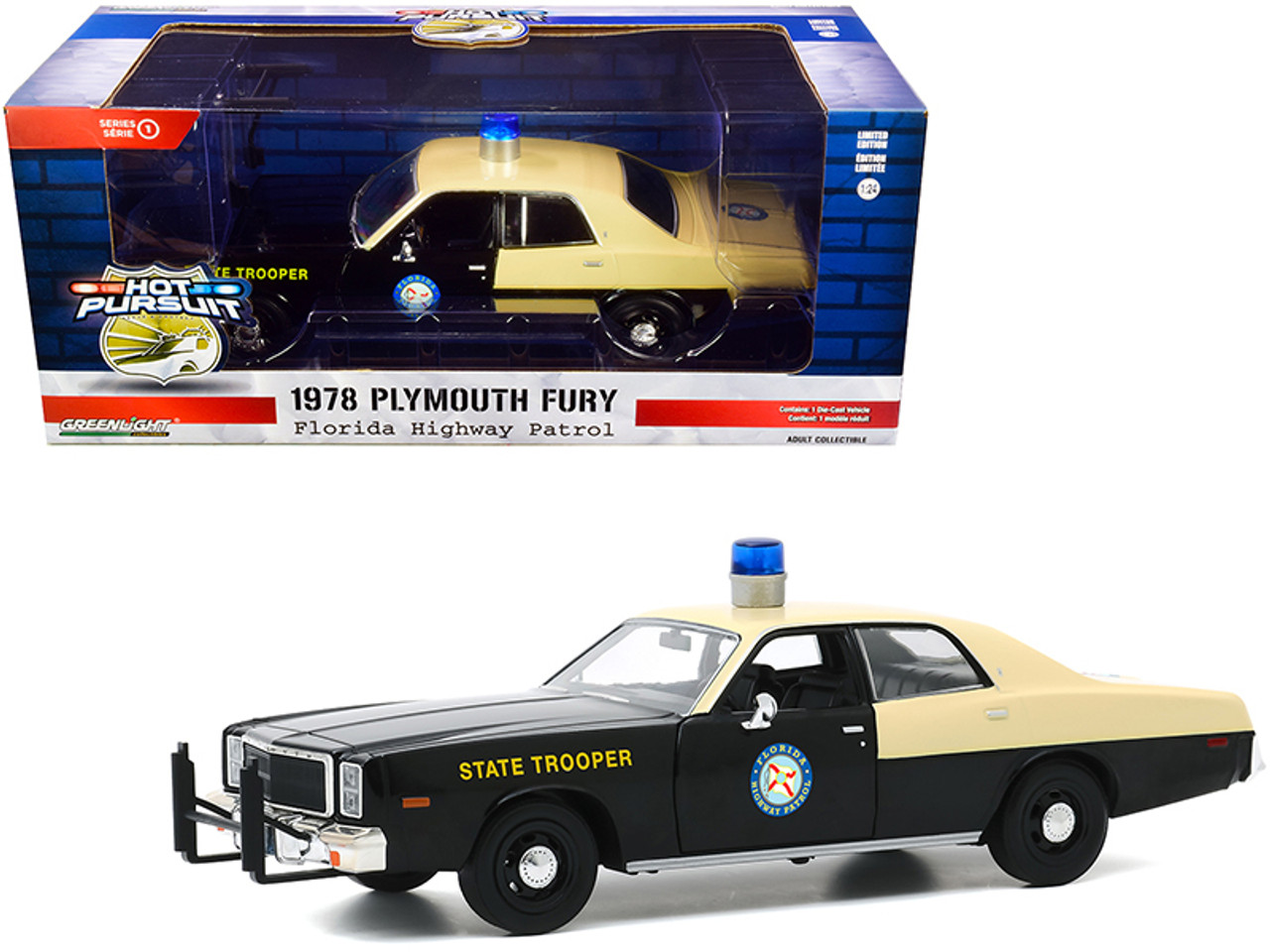 1978 Plymouth Fury "Florida Highway Patrol" Black and Yellow "Hot Pursuit" 1/24 Diecast Model Car by Greenlight
