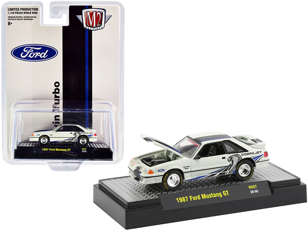 1987 Ford Mustang GT "Twin Turbo" Wimbledon White with Black and Blue Stripes Limited Edition to 7150 pieces Worldwide 1/64 Diecast Model Car by M2 Machines