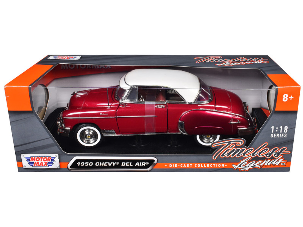 1950 Chevrolet Bel Air Burgundy with White Roof 1/18 Diecast Model Car by Motormax