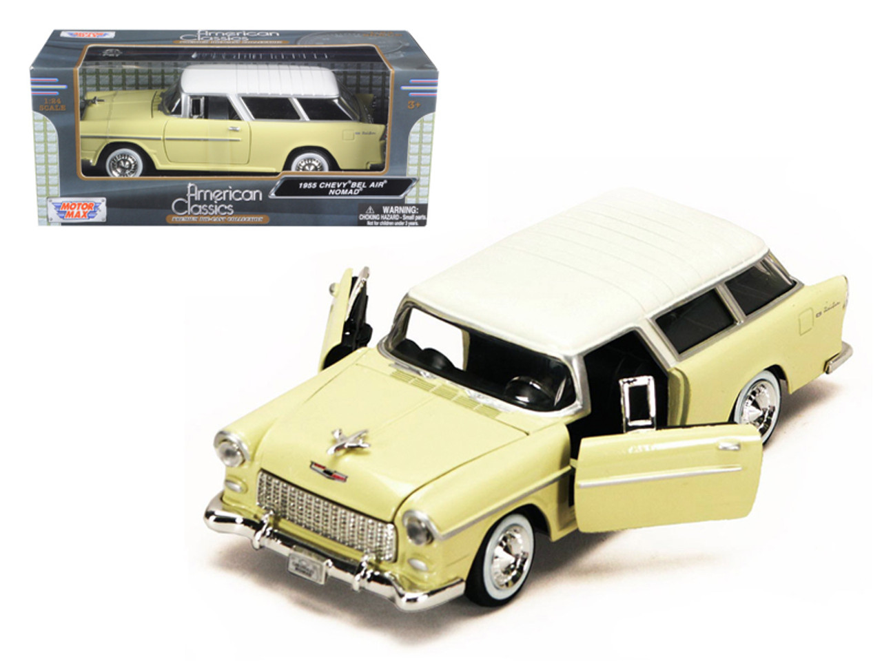 1955 Chevrolet Bel Air Nomad Yellow with White Top 1/24 Diecast Model Car by Motormax