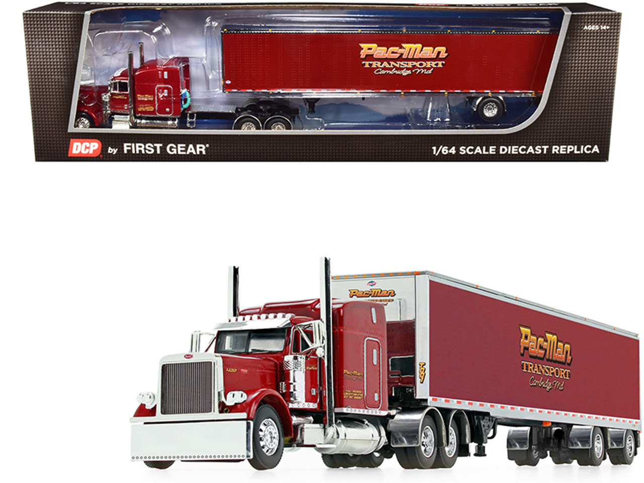 Peterbilt 379 63" Mid-Roof Sleeper Cab with 53' Utility Dry Goods Spread-Axle Trailer "Pac-Man Transport" Burgundy 1/64 Diecast Model by DCP/First Gear