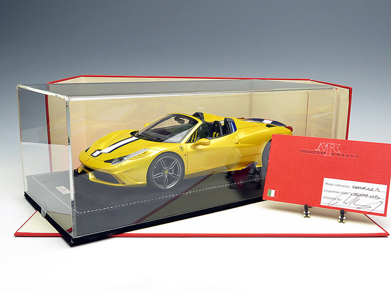 MR 1/18 Ferrari 458 Speciale Aperta (Yellow w/ Blue/White Stripes)