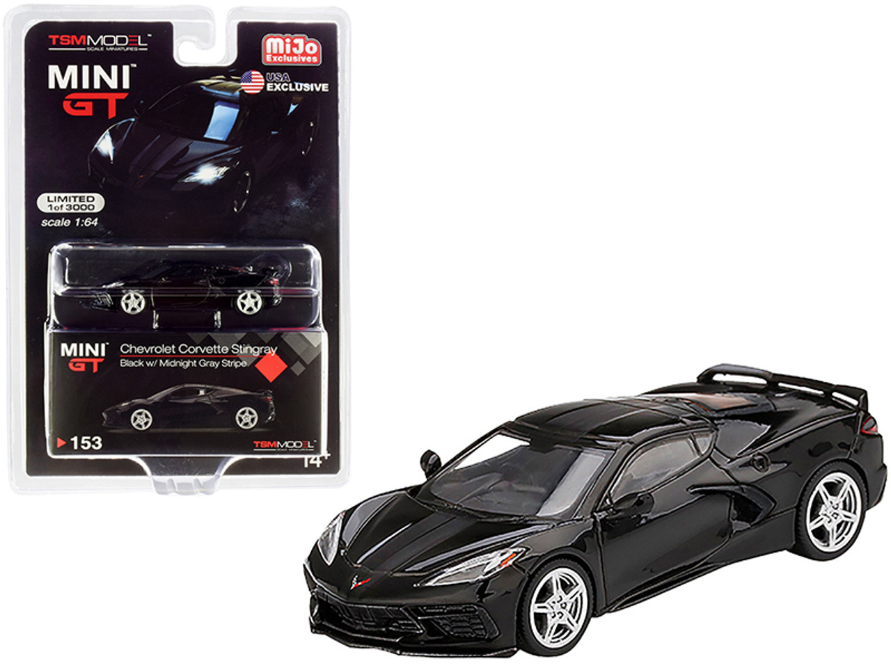 2020 Chevrolet Corvette Stingray C8 Black with Midnight Gray Stripe Limited Edition to 3000 pieces Worldwide 1/64 Diecast Model Car by True Scale Miniatures