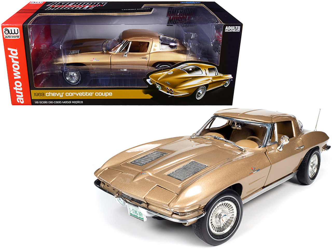 1963 Chevrolet Corvette Stingray Coupe Saddle Tan Metallic 1/18 Diecast Model Car by Autoworld