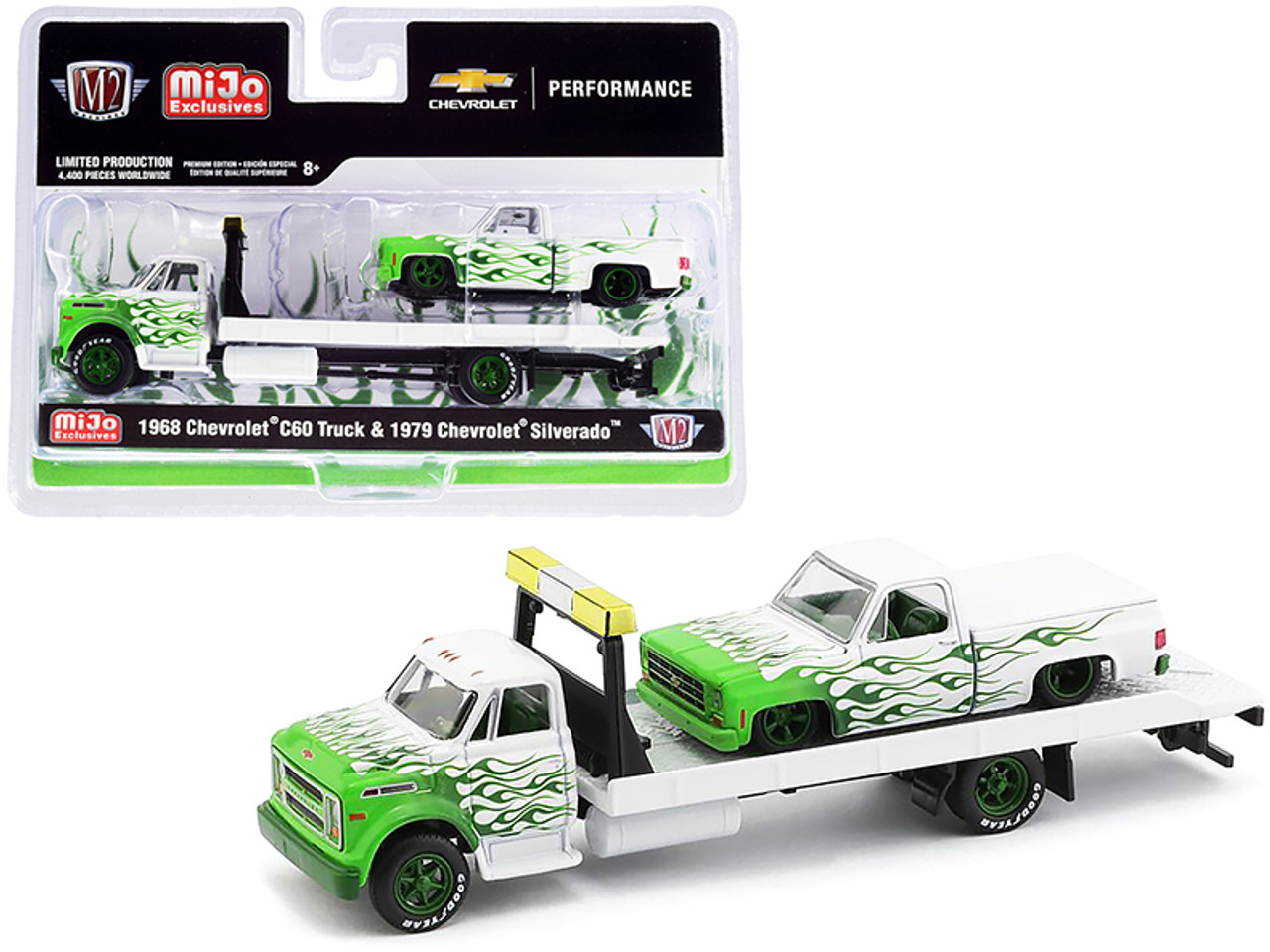 1968 Chevrolet C60 Flatbed Truck and 1979 Chevrolet Silverado Pickup Truck  with Bed Cover White with Green Flames Limited Edition to 4400 pieces