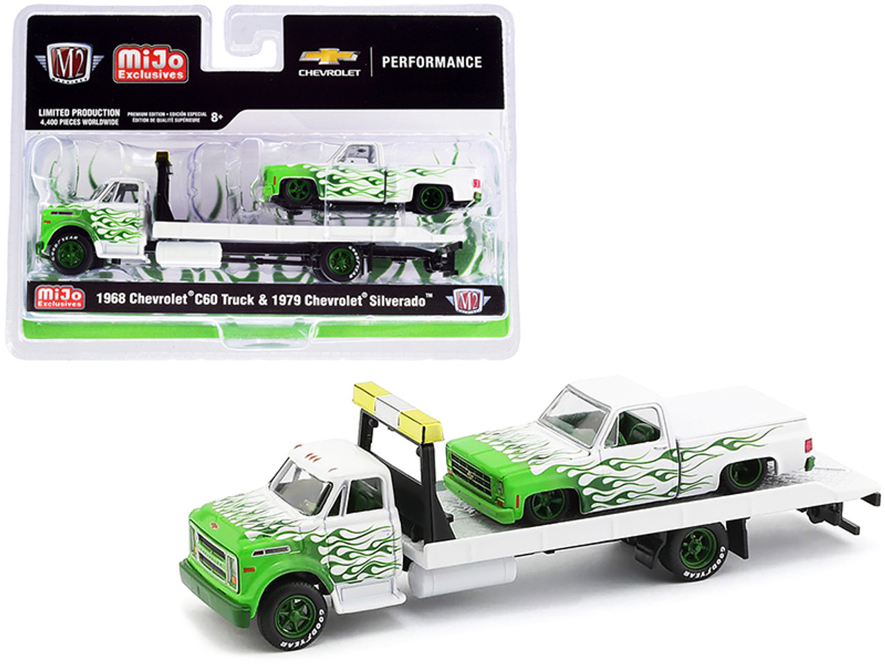 1968 Chevrolet C60 Flatbed Truck and 1979 Chevrolet Silverado Pickup Truck with Bed Cover White with Green Flames Limited Edition to 4400 pieces Worldwide 1/64 Diecast Models by M2 Machines