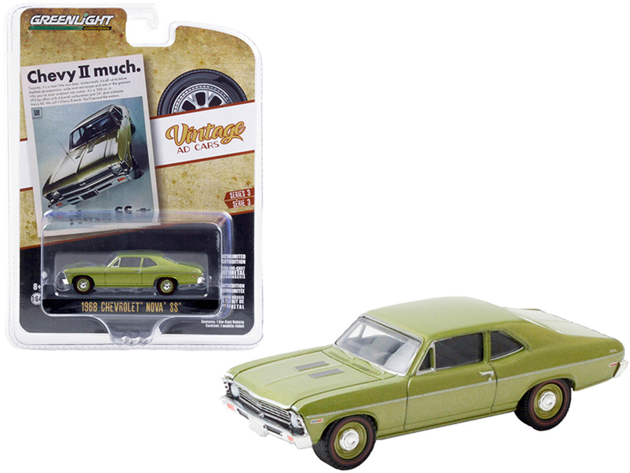 1968 Chevrolet Nova SS Green Metallic "Chevy II Much" "Vintage Ad Cars" Series 3 1/64 Diecast Model Car by Greenlight