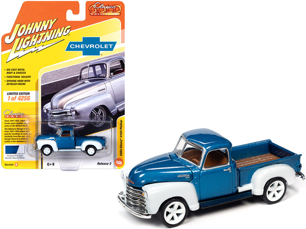 1950 Chevrolet 3100 Pickup Truck Custom Blue Metallic and White "Classic Gold Collection" Limited Edition to 4256 pieces Worldwide 1/64 Diecast Model Car by Johnny Lightning