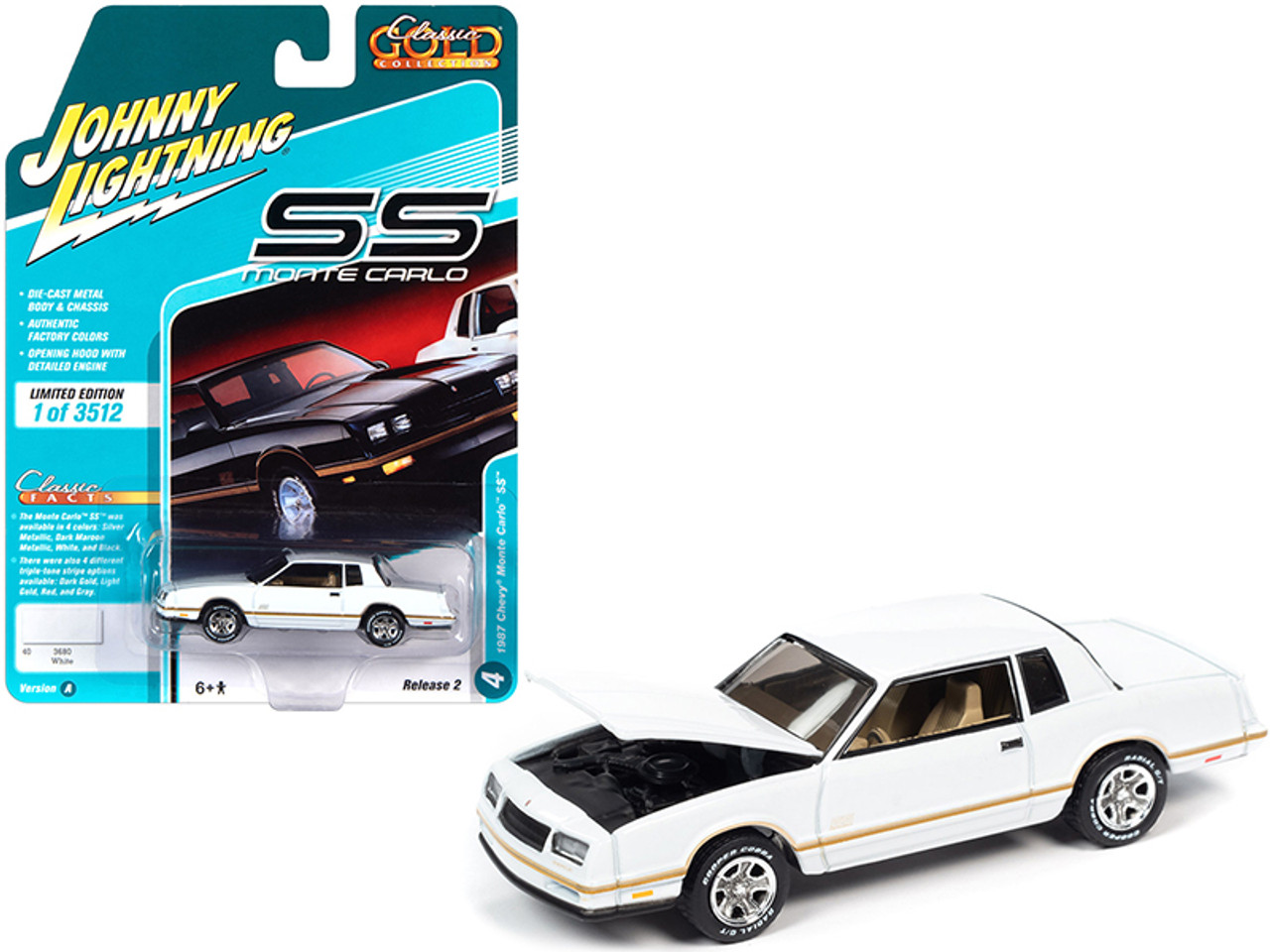 1987 Chevrolet Monte Carlo SS White with Gold Stripes "Classic Gold Collection" Limited Edition to 3512 pieces Worldwide 1/64 Diecast Model Car by Johnny Lightning