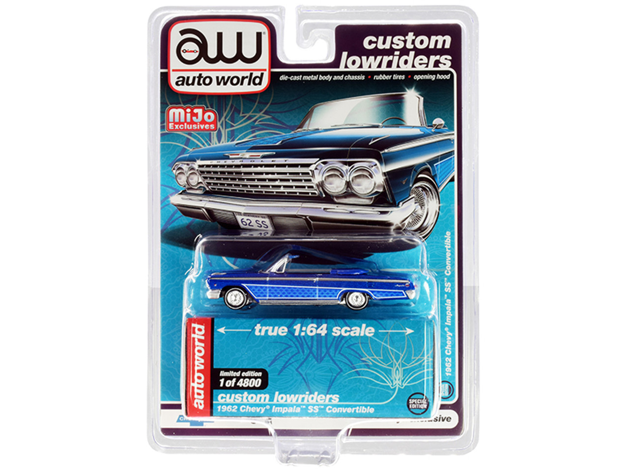 1962 Chevrolet Impala SS Convertible Blue Metallic "Custom Lowriders" Limited Edition to 4800 pieces Worldwide 1/64 Diecast Model Car by Autoworld