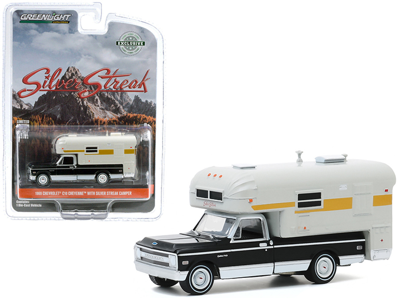 1969 Chevrolet C10 Cheyenne Pickup Truck with Silver Streak Camper Black and Cream "Hobby Exclusive" 1/64 Diecast Model Car by Greenlight