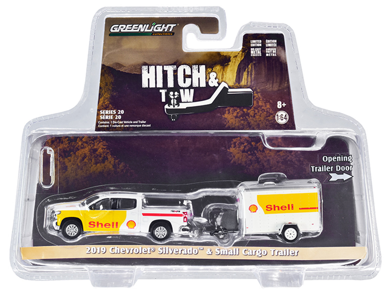 2019 Chevrolet Silverado 4x4 Pickup Truck and Small Cargo Trailer White and Yellow "Shell Oil" "Hitch & Tow" Series 20 1/64 Diecast Model Car by Greenlight