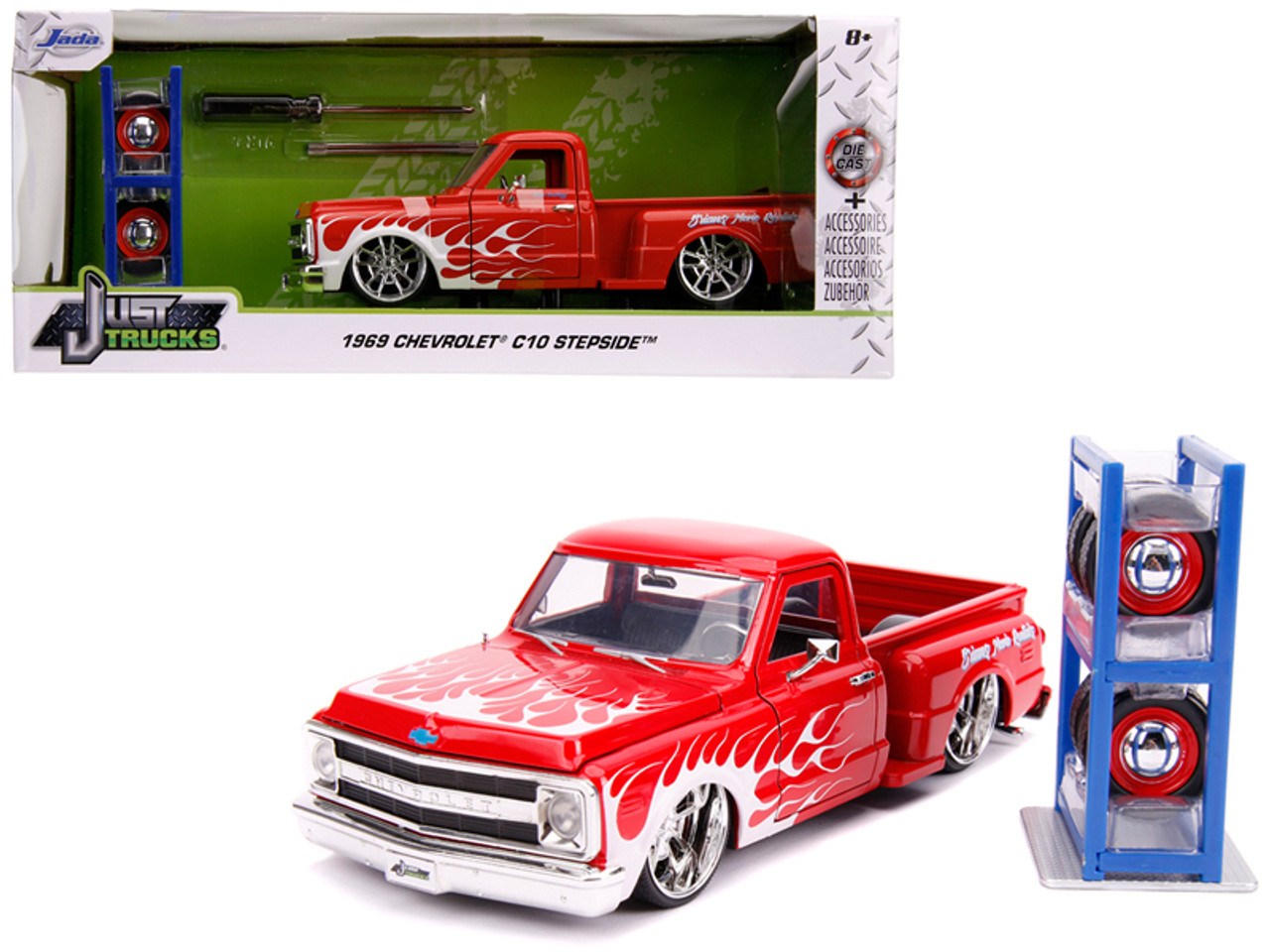 1969 Chevrolet C10 Stepside Pickup Truck Red with White Flames with Extra Wheels "Just Trucks" Series 1/24 Diecast Model Car by Jada