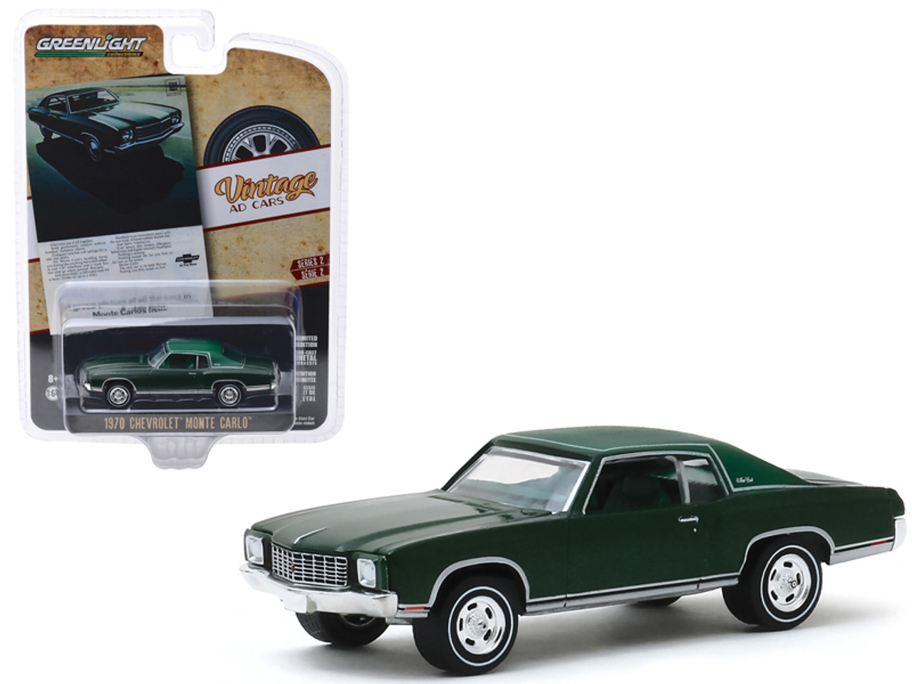 1970 Chevrolet Monte Carlo Dark Green with Light Green Top "A Group Picture of all the Cars in Monte Carlo's Field" "Vintage Ad Cars" Series 2 1/64 Diecast Model Car by Greenlight