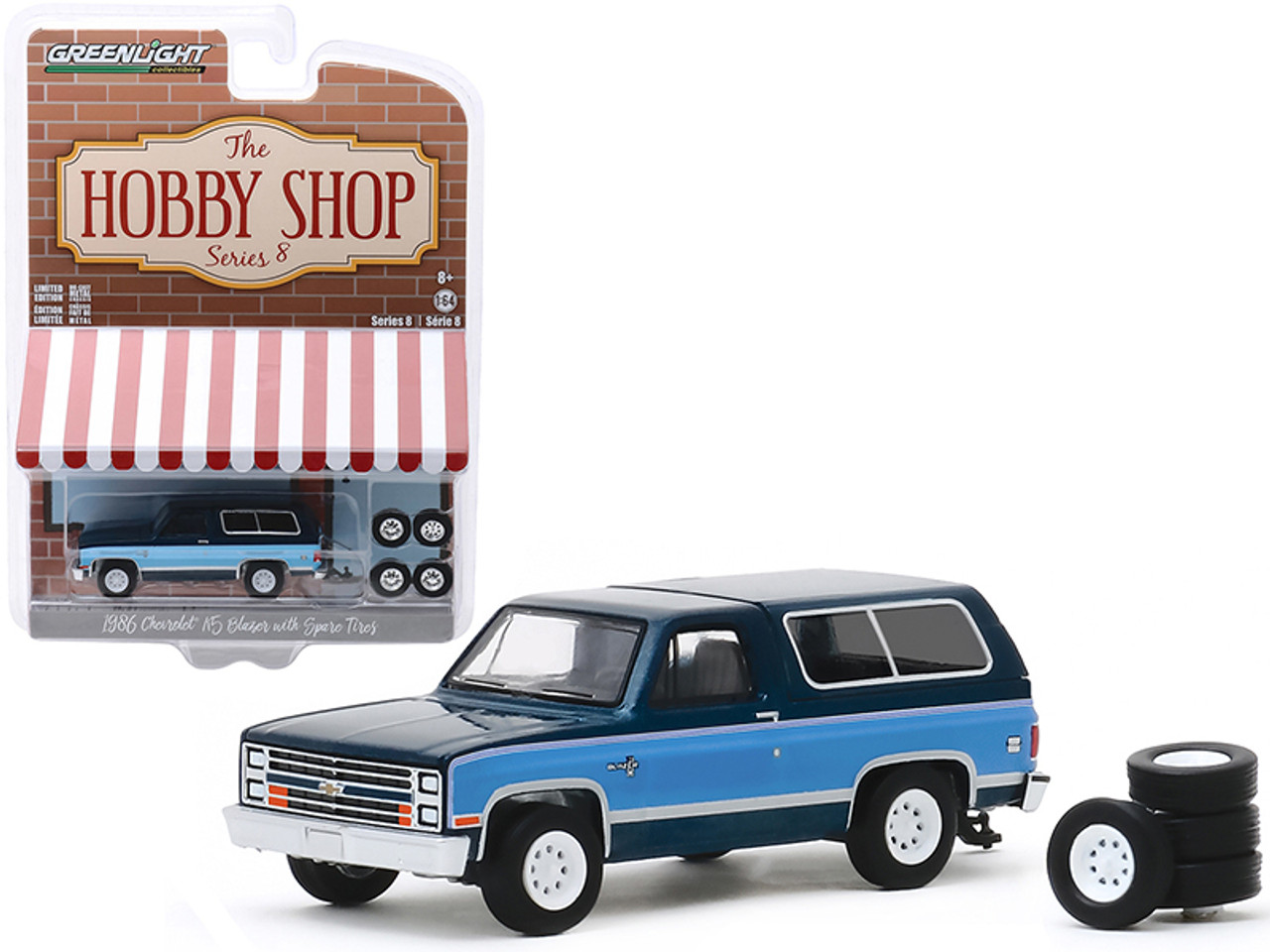 1986 Chevrolet K5 Blazer Dark Blue Metallic and Light Blue and Spare Tires "The Hobby Shop" Series 8 1/64 Diecast Model Car by Greenlight