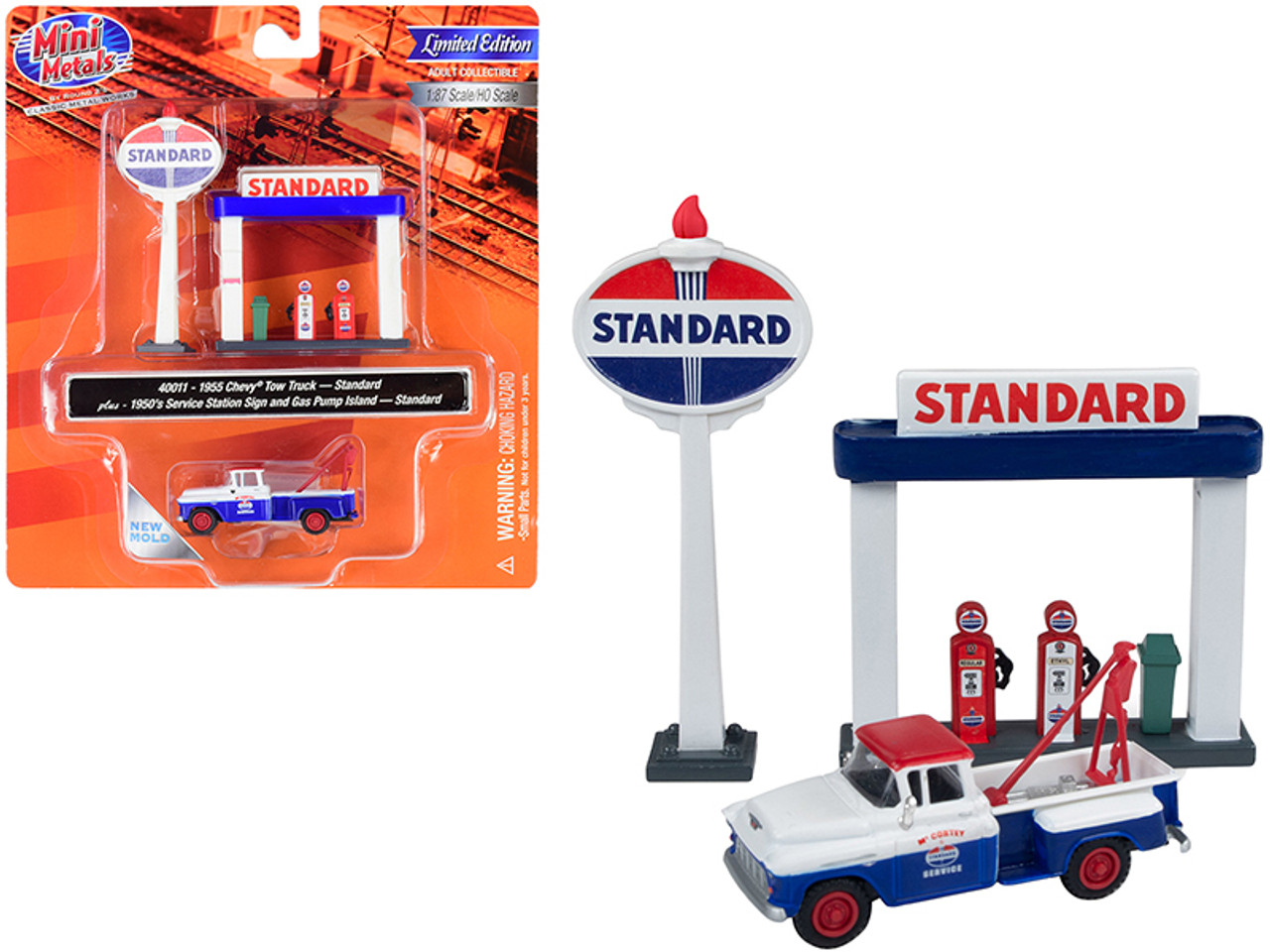 1955 Chevrolet Tow Truck Blue and Orange with 1950's Service Station Sign and Gas Pump Island "Standard Oil" 1/87 (HO) Scale Model by Classic Metal Works