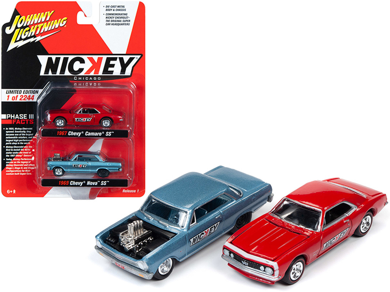 1965 Chevrolet Nova SS Blue Metallic and 1967 Chevrolet Camaso SS Red 2 piece Set "Nickey" Limited Edition to 2244 pieces Worldwide 1/64 Diecast Model Cars by Johnny Lightning