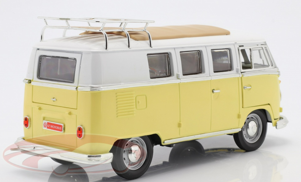 1/18 Road Signature 1962 Volkswagen Microbus with Roof Rack and Luggage  (Yellow and White) Diecast Model