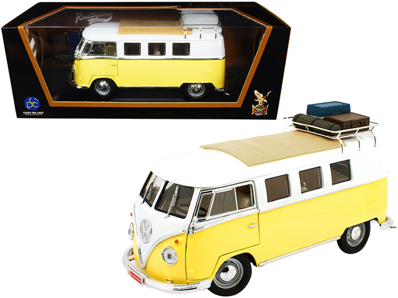 1/18 Road Signature 1962 Volkswagen Microbus with Roof Rack and Luggage  (Yellow and White) Diecast Model