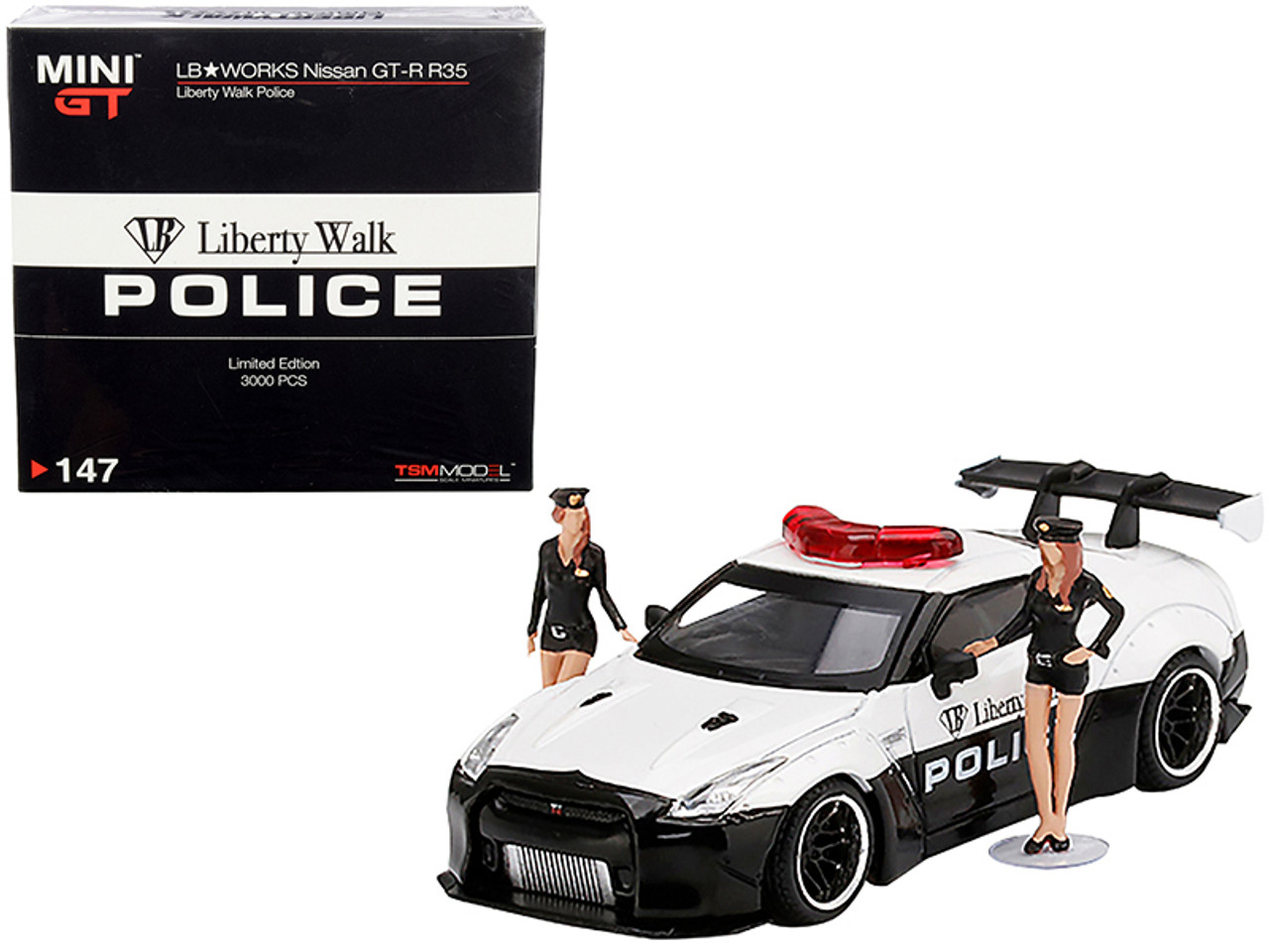 Nissan GT-R (R35) Type 1 with Rear Wing Version 1 Liberty Walk RHD (Right  Hand Drive) Police Car White and Black with 2 Female Figurines Limited